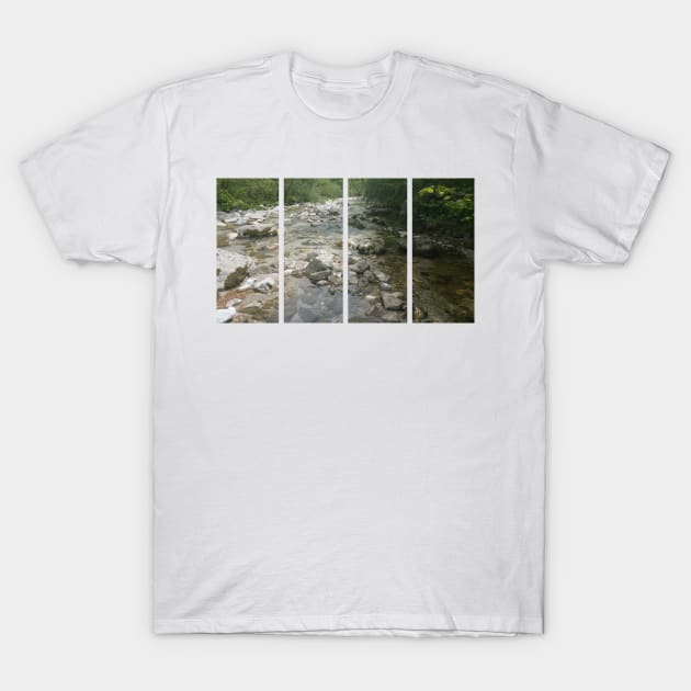 A static shot of the clear water of a mountain stream between rocks and stones; beautiful nature in a sunny day; no people around T-Shirt by fabbroni-art